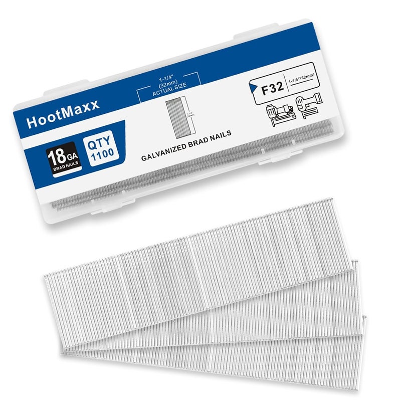 HootMaxx 18 Gauge Brad Nails 1-1/4 inch,Strengthen Packaging to Prevent Nail Breakage,18 Ga Brad Nails, (1,100 Counts), Galvanized Nail Gun Nails for Pneumatic, Electric Brad Nailer Gun (1-1/4 inch) - Image 1